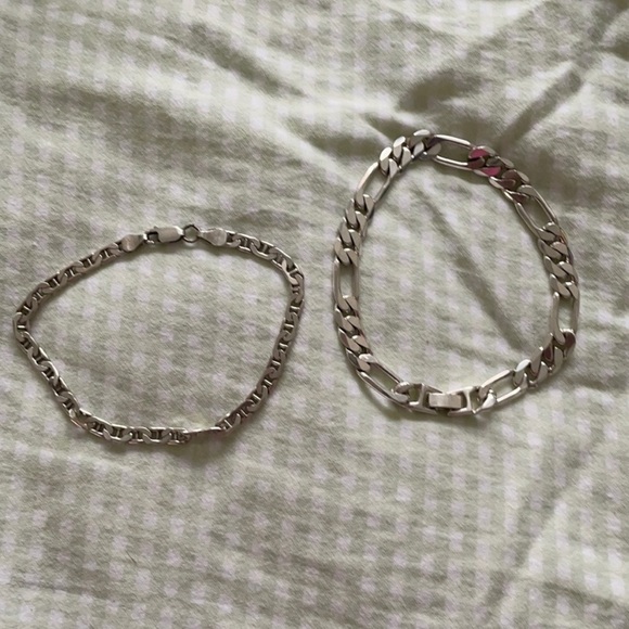 2 Figaro link bracelets Elegant Silver Chain Bracelet Set - Picture 1 of 7